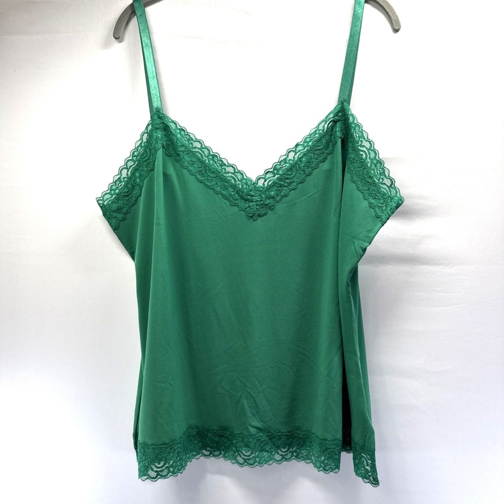 Susan Graver Womens Cami Top Sz 1X Essentials Solid Green Lace Adjustable Straps
